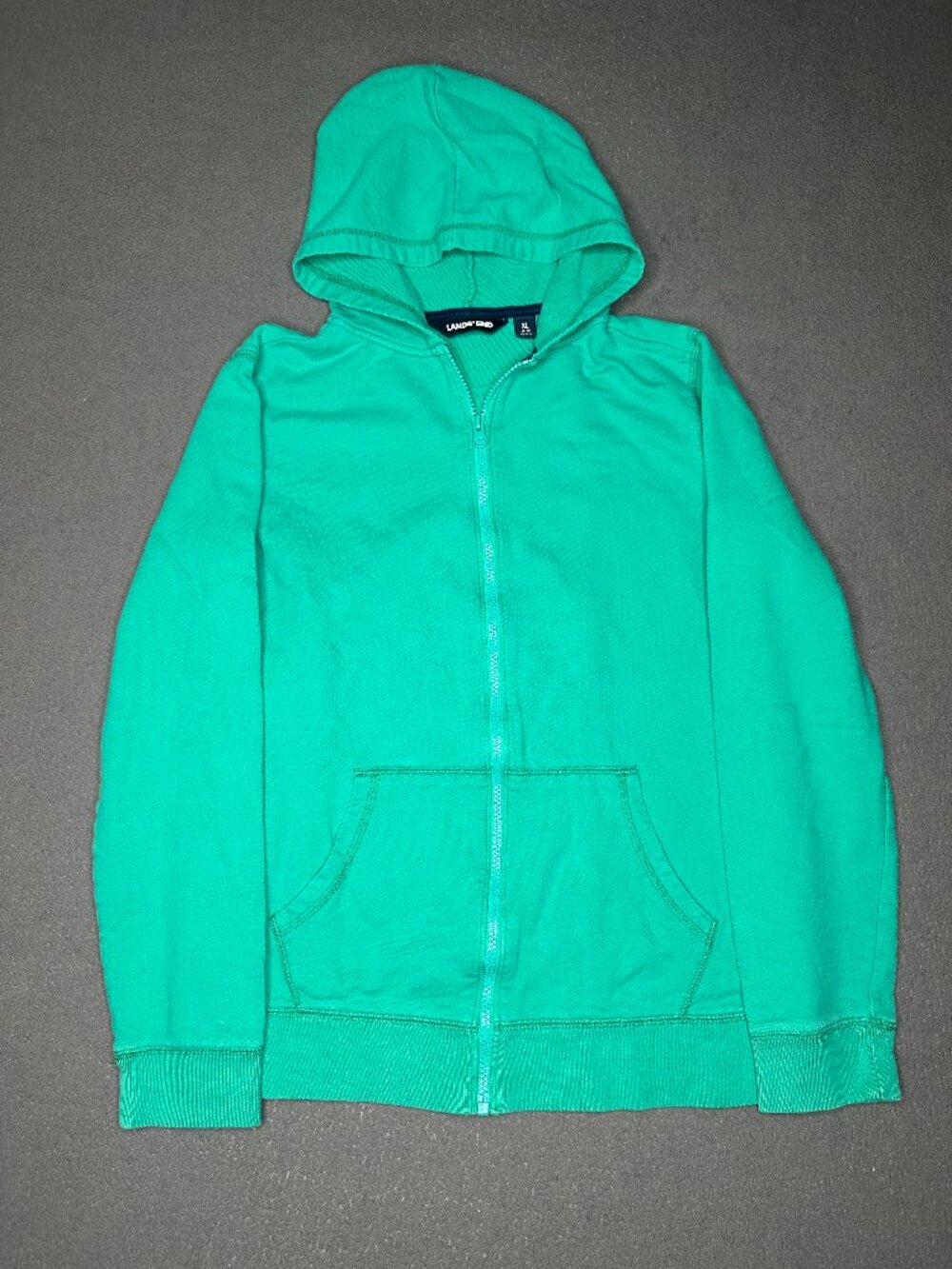 LANDS END Unisex Youth Hoodie Vibrant Green Full Zip Front Pockets Size XL 18-20